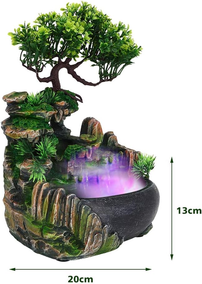 Fuente de habitación con iluminación LED, Fontana Casa Interni diseño de Fuente iluminada de poliresina con Bomba y Plantas Fuente de Agua para habitación terrario Cascada