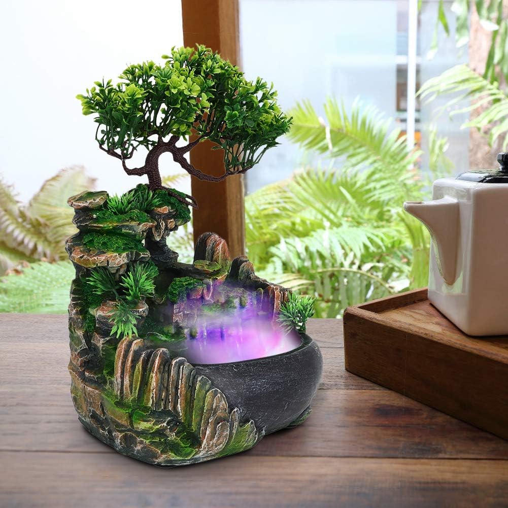 Fuente de habitación con iluminación LED, Fontana Casa Interni diseño de Fuente iluminada de poliresina con Bomba y Plantas Fuente de Agua para habitación terrario Cascada
