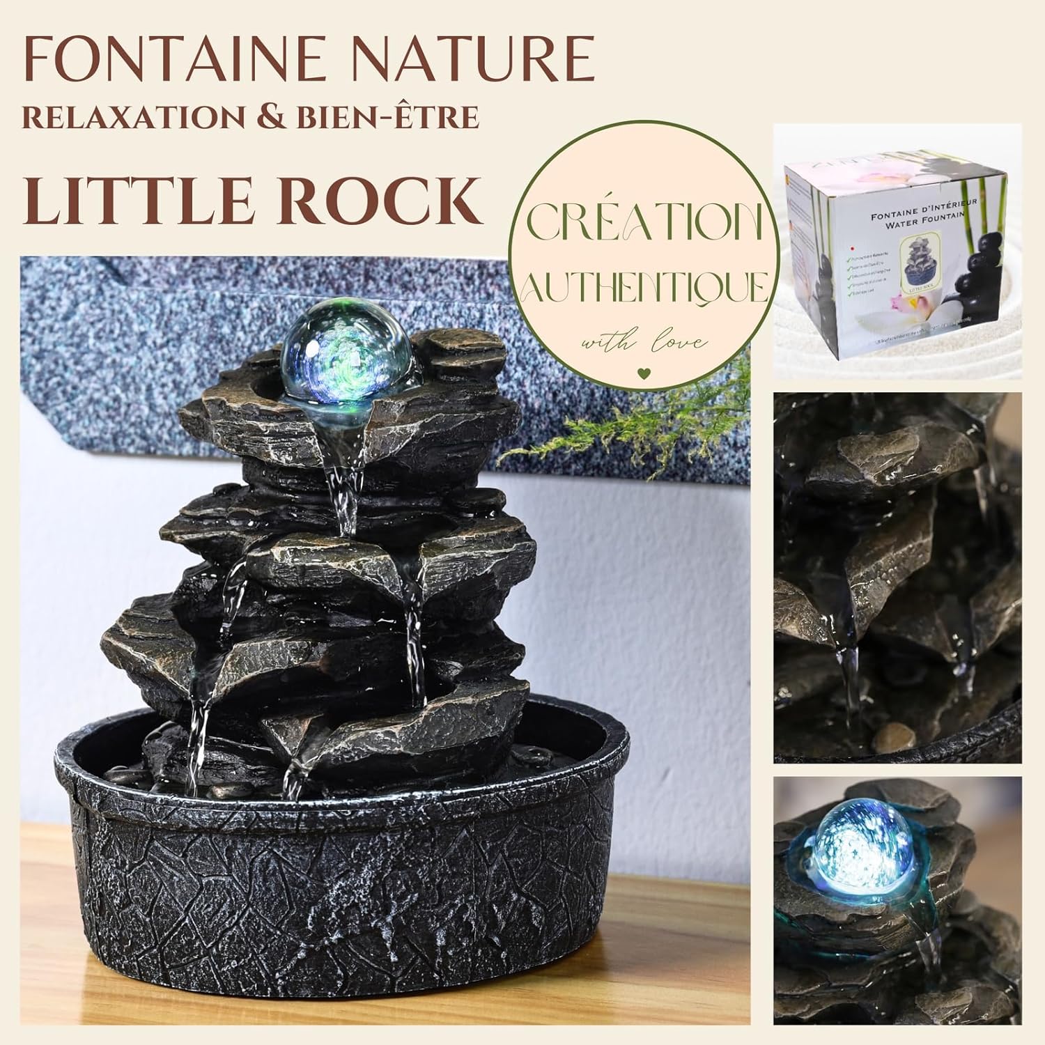 Fuente de poliresina ZenLight Little Rock, marrón oscuro, 20 x 20 x 23 cm